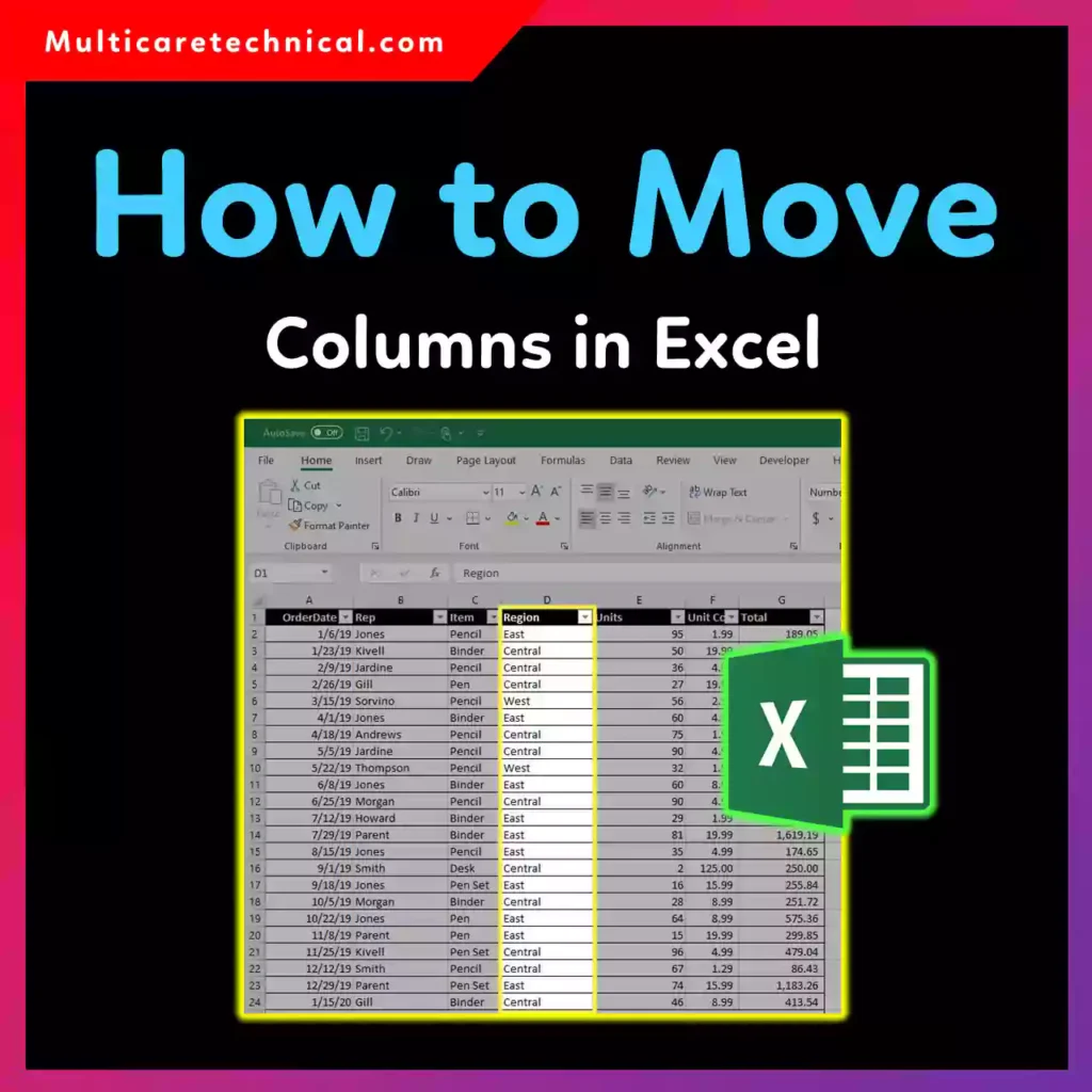 How to move columns in Excel using mouse and keyboard shortcuts