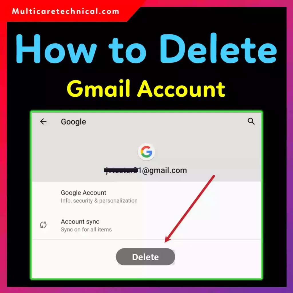 Smartphone screen showing Gmail account deletion confirmation page with warning message and delete button.