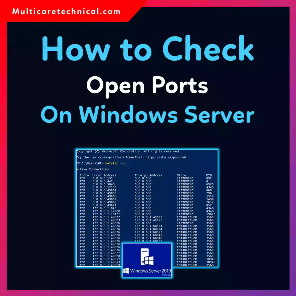 Check open ports on Windows Server using netstat and PowerShell