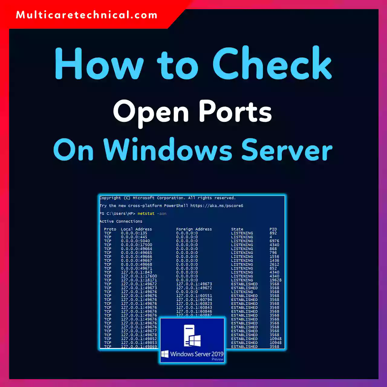 Check open ports on Windows Server using netstat and PowerShell
