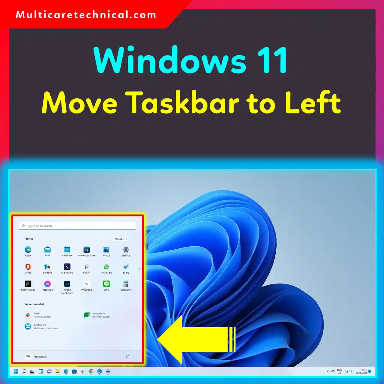 Windows 11 desktop showing taskbar moved to the left side with settings and registry customization options