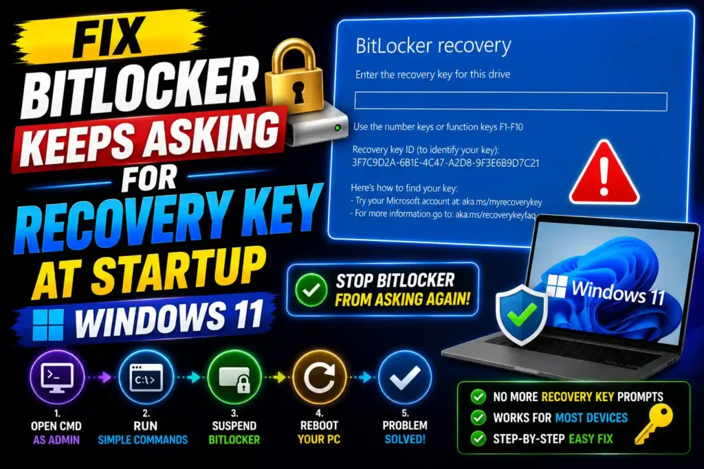 Windows 11 BitLocker recovery key screen with troubleshooting tools and security settings displayed