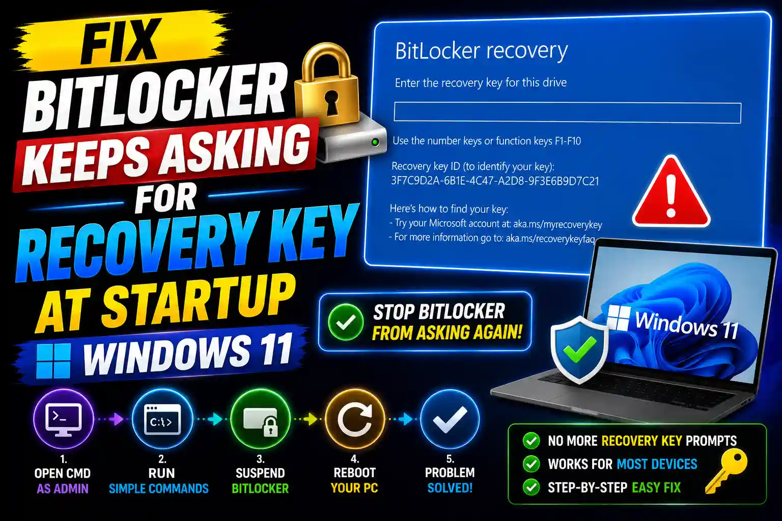 Windows 11 BitLocker recovery key screen with troubleshooting tools and security settings displayed