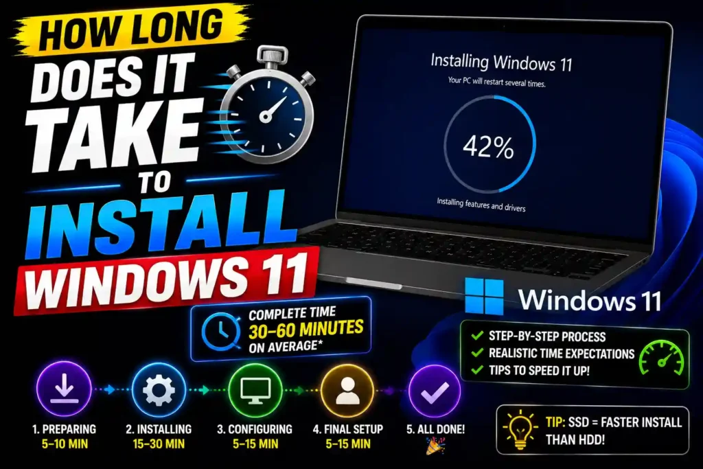 Windows 11 installation progress screen showing estimated setup time on a computer