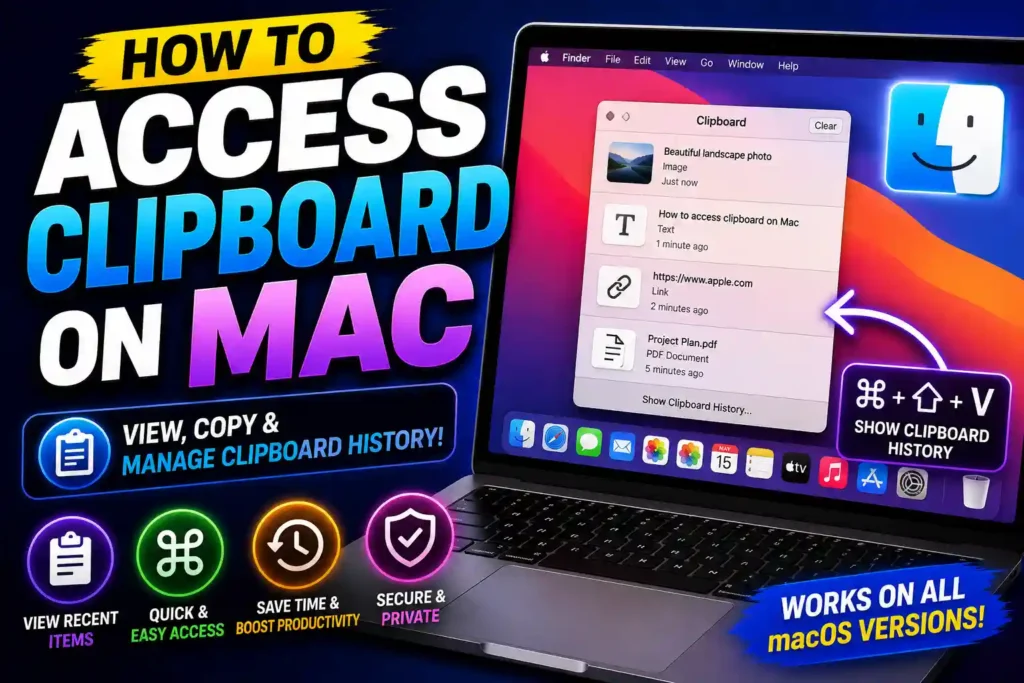 Mac computer displaying clipboard contents and clipboard history on macOS desktop