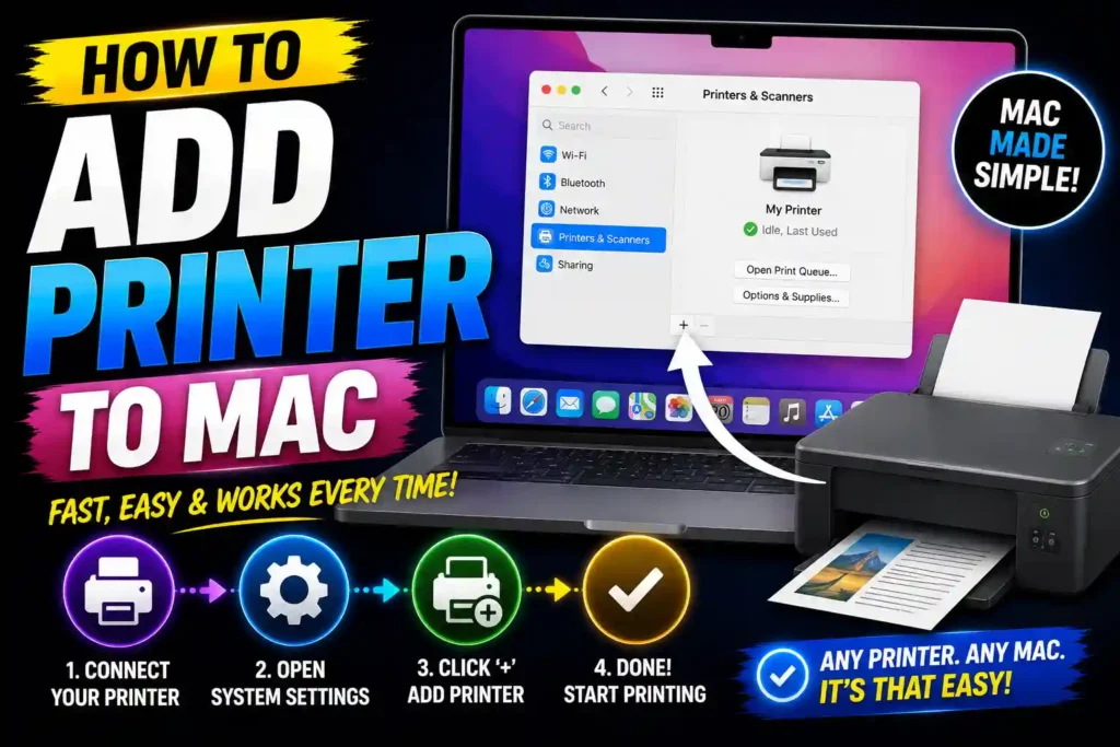MacBook screen showing printer setup menu with wireless printer connected successfully