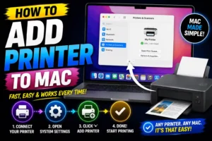 MacBook screen showing printer setup menu with wireless printer connected successfully