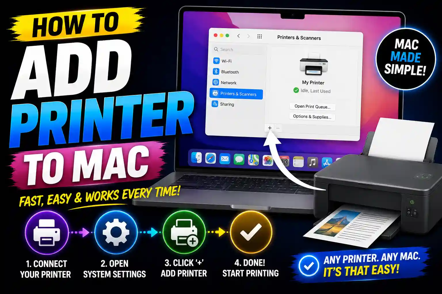 MacBook screen showing printer setup menu with wireless printer connected successfully