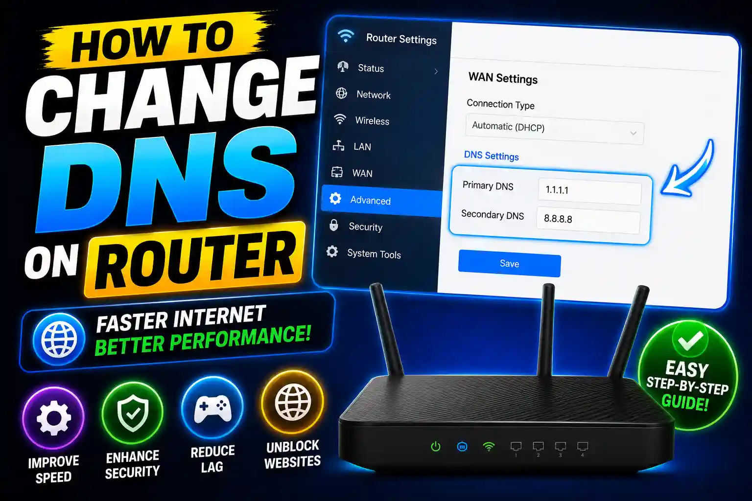 Person changing DNS settings on a Wi-Fi router through the router admin dashboard on a computer.