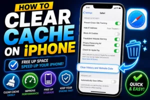 iPhone settings screen showing cache clearing options for Safari, Chrome, and apps
