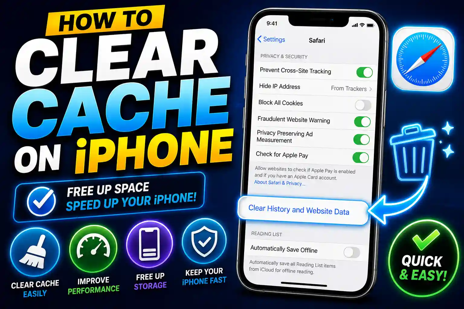 iPhone settings screen showing cache clearing options for Safari, Chrome, and apps
