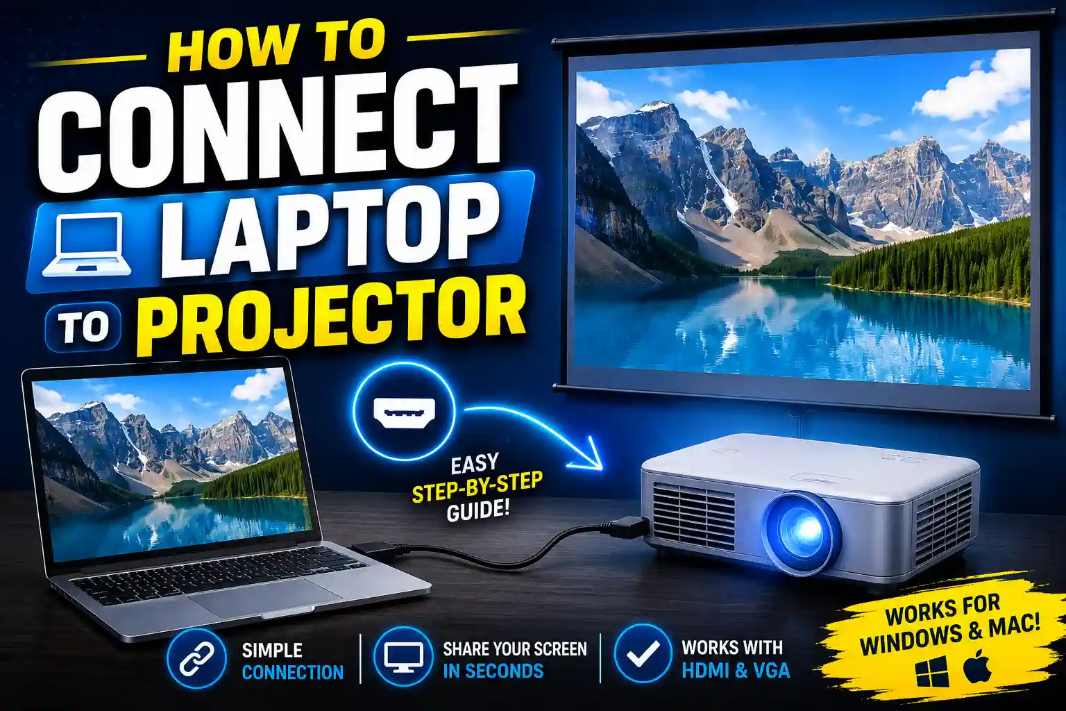 Laptop connected to a projector using HDMI cable displaying a presentation on a large projection screen
