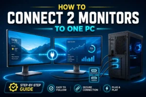 Dual monitor setup connected to a desktop PC using HDMI and DisplayPort cables on Windows 11