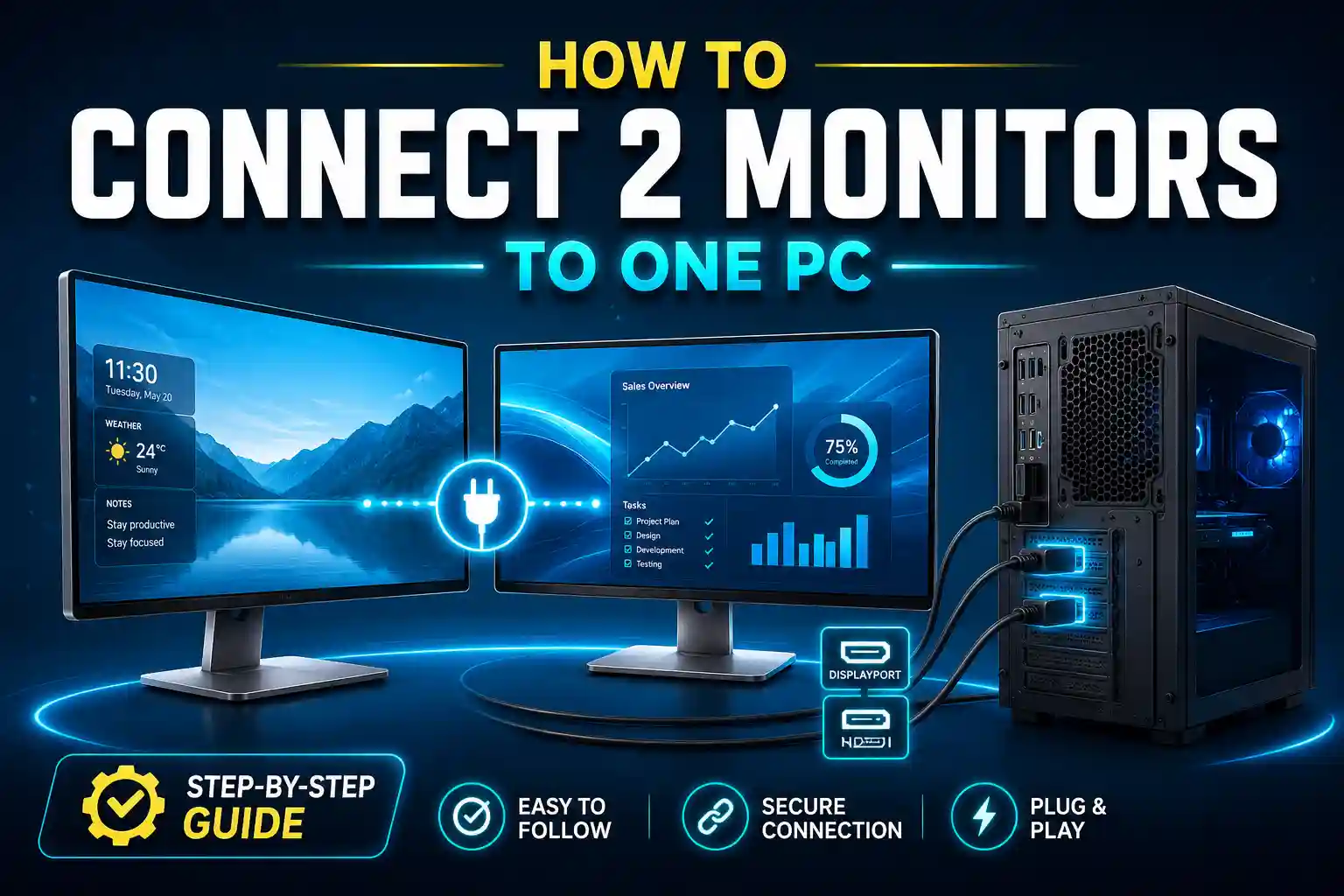 Dual monitor setup connected to a desktop PC using HDMI and DisplayPort cables on Windows 11