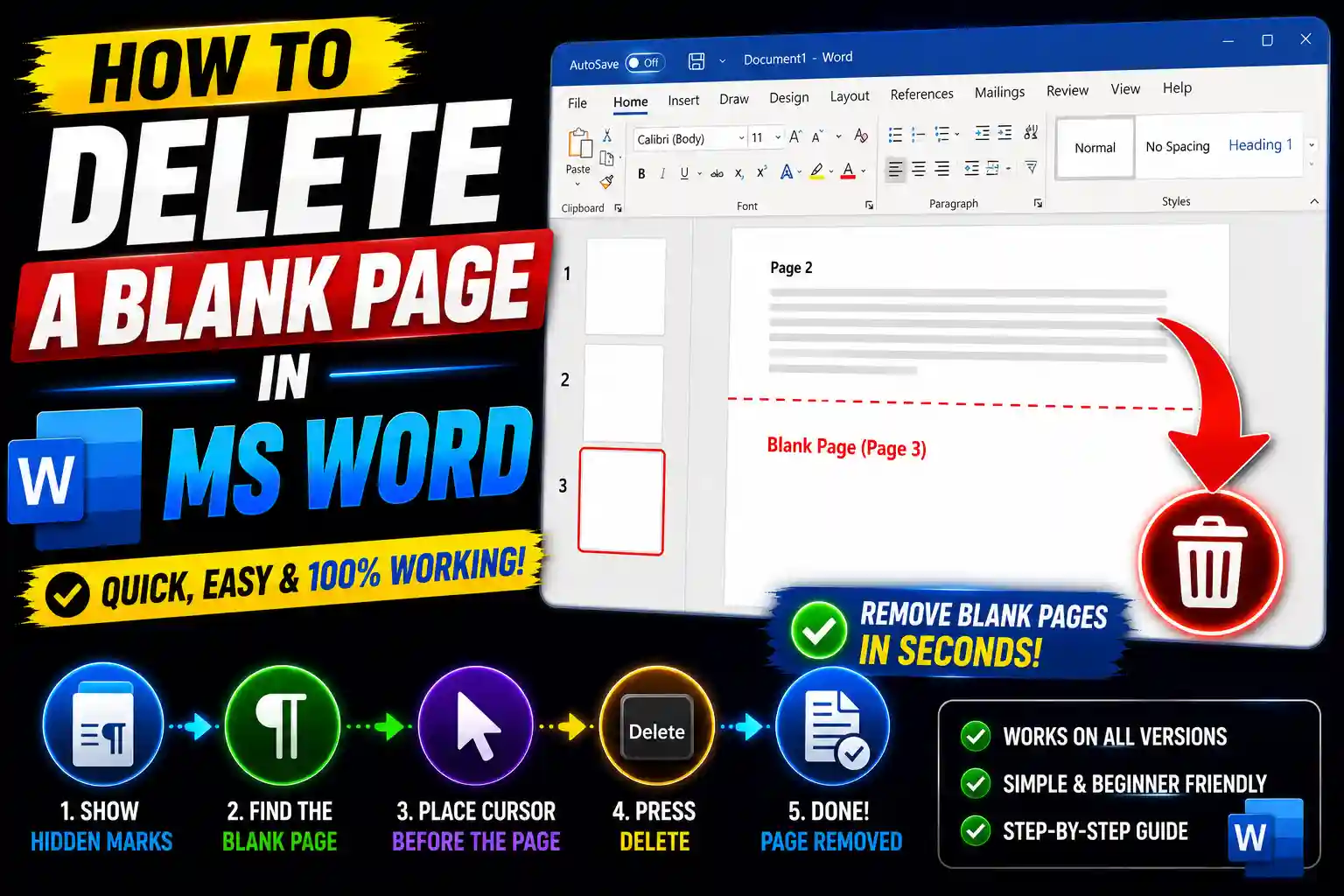 Microsoft Word document showing a blank page being removed using formatting marks and page break tools