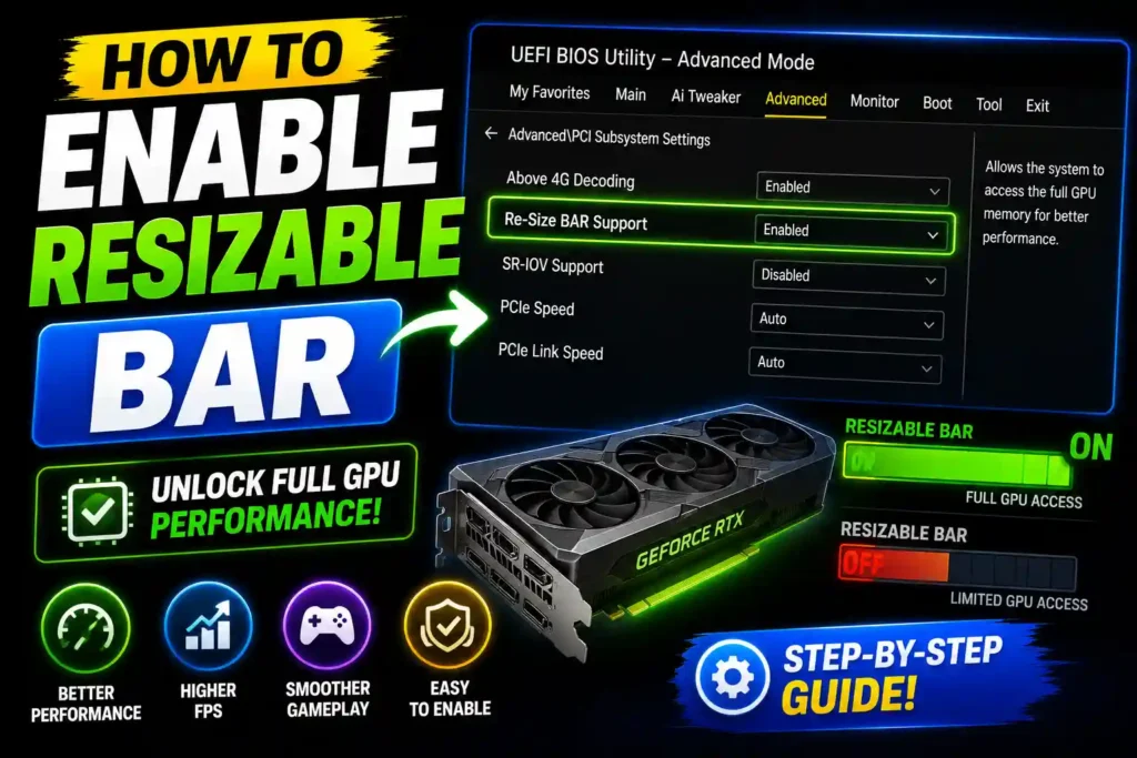 Computer BIOS screen showing Resizable BAR enabled on a gaming PC motherboard with NVIDIA graphics card installed.