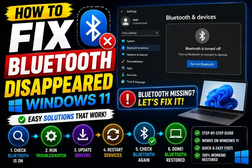 Laptop showing missing Bluetooth option in Windows 11 with troubleshooting icons and repair tools.