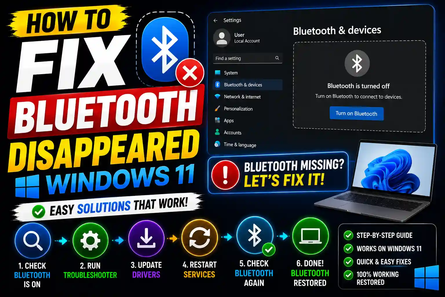Laptop showing missing Bluetooth option in Windows 11 with troubleshooting icons and repair tools.