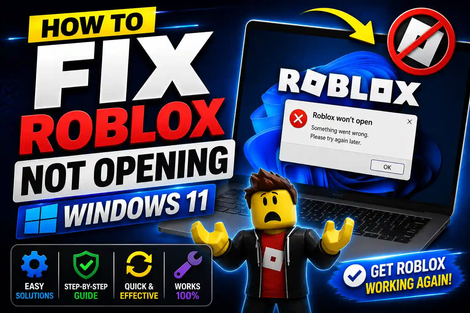 Roblox application failing to launch on a Windows 11 computer with troubleshooting settings displayed on screen