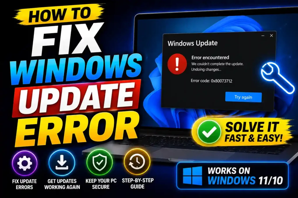 Technician fixing Windows Update error on Windows 11 laptop with update troubleshooting screen displayed