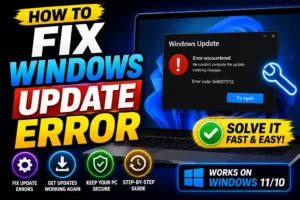 Technician fixing Windows Update error on Windows 11 laptop with update troubleshooting screen displayed