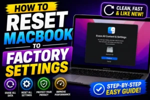 MacBook factory reset process showing macOS Recovery screen and erase options before reinstalling macOS