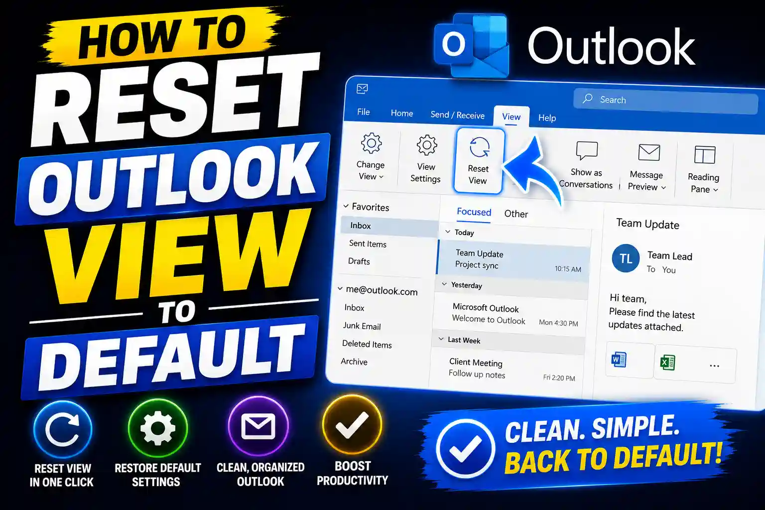 Reset Outlook view to default settings in Microsoft Outlook on Windows computer