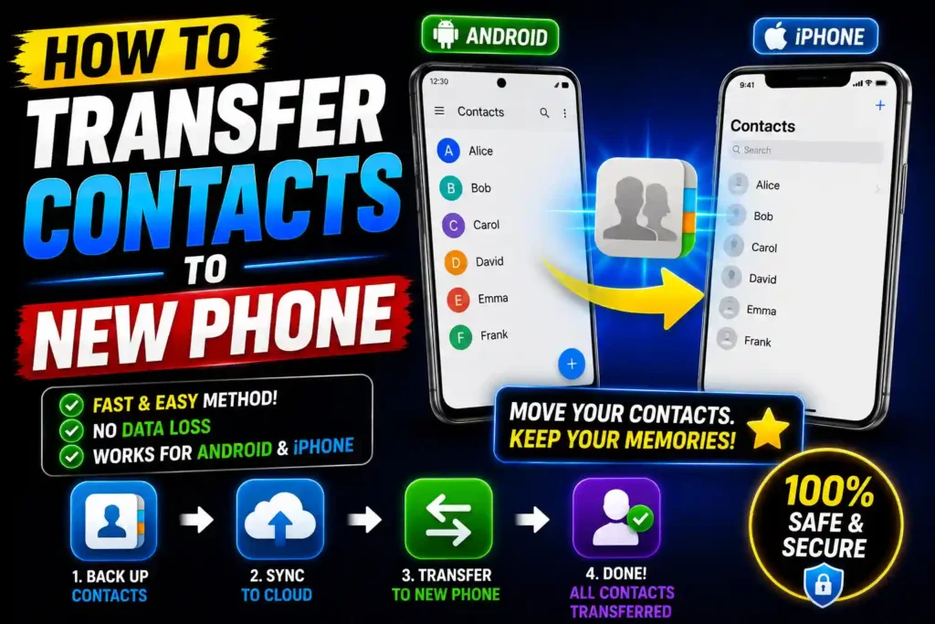 Person transferring contacts from an old smartphone to a new Android and iPhone device using cloud synchronization