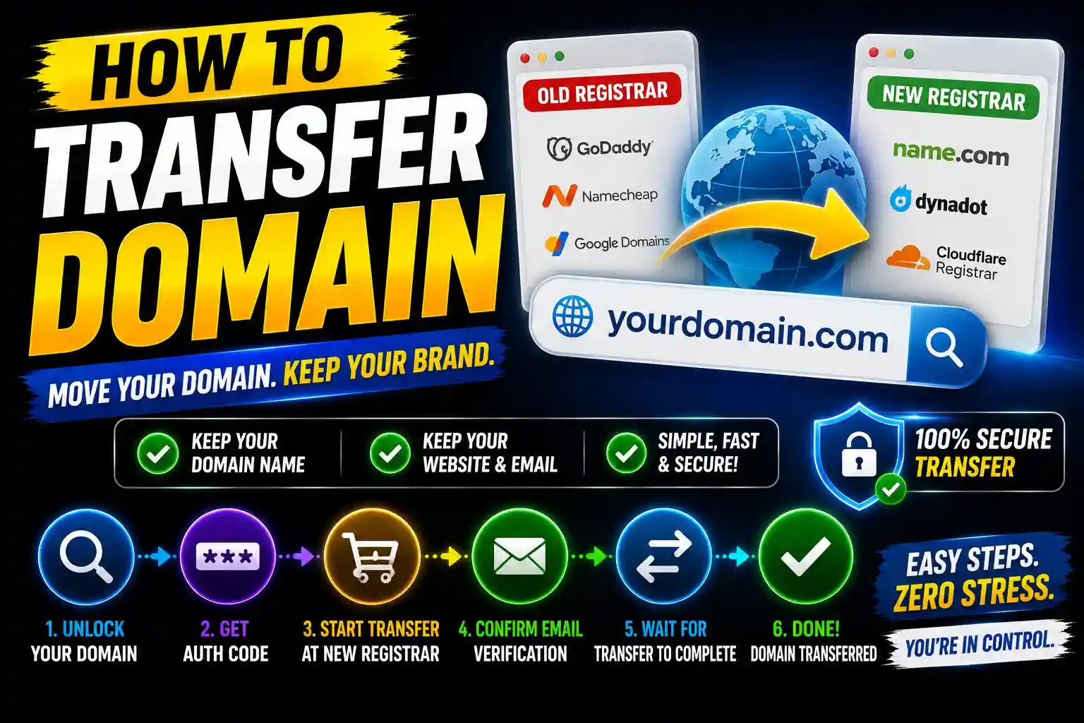Step-by-step domain transfer process between registrars with domain management dashboard