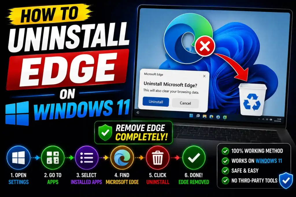 Windows 11 laptop showing Microsoft Edge uninstall process with Command Prompt and Apps settings.