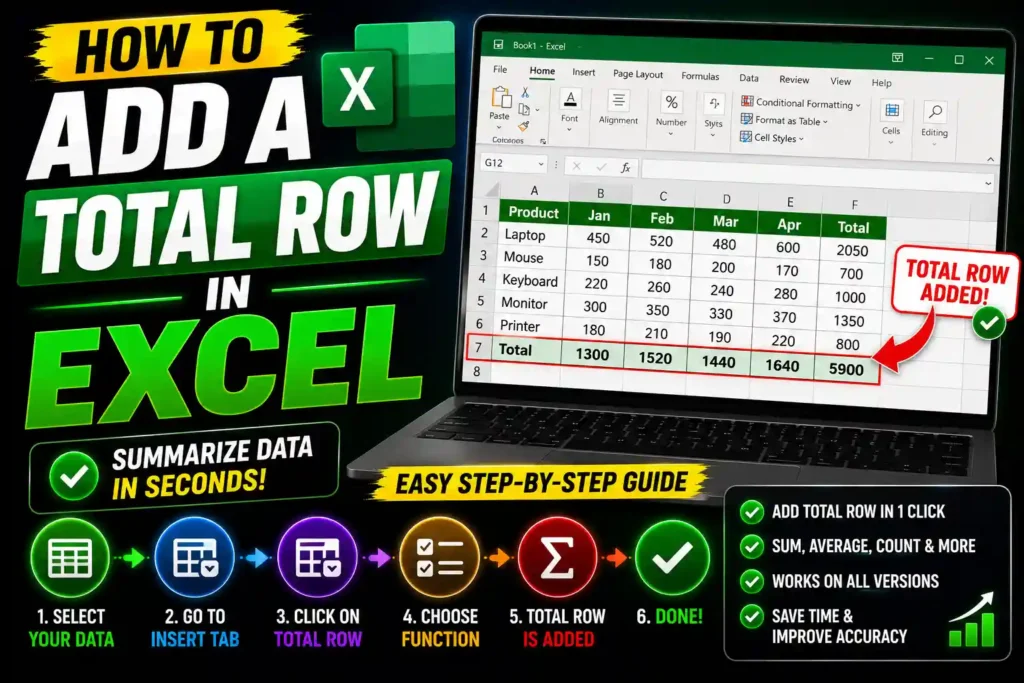 Microsoft Excel worksheet showing a Total Row with SUM formulas calculating sales data.