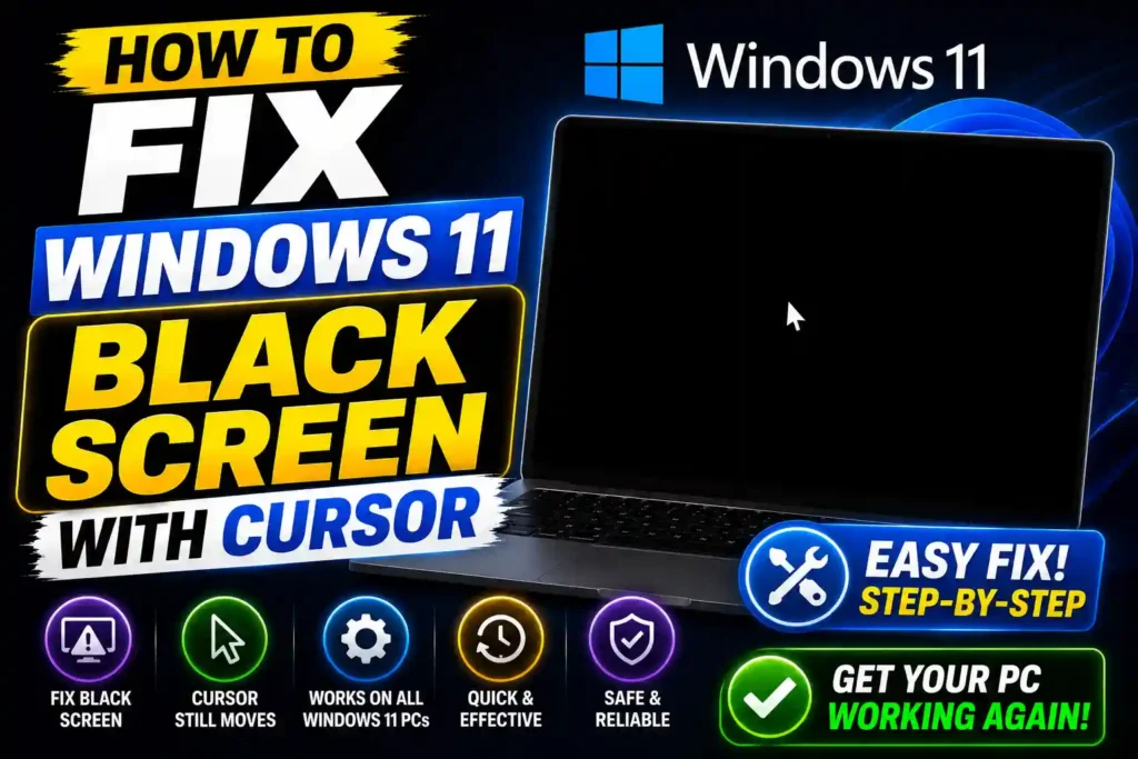 Windows 11 black screen with cursor troubleshooting guide showing desktop recovery and startup repair solutions
