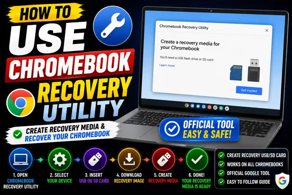 Chromebook Recovery Utility creating a ChromeOS recovery USB drive on a Windows laptop.