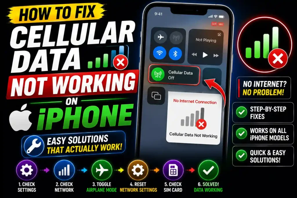 Person fixing cellular data not working on iPhone by adjusting mobile network settings.