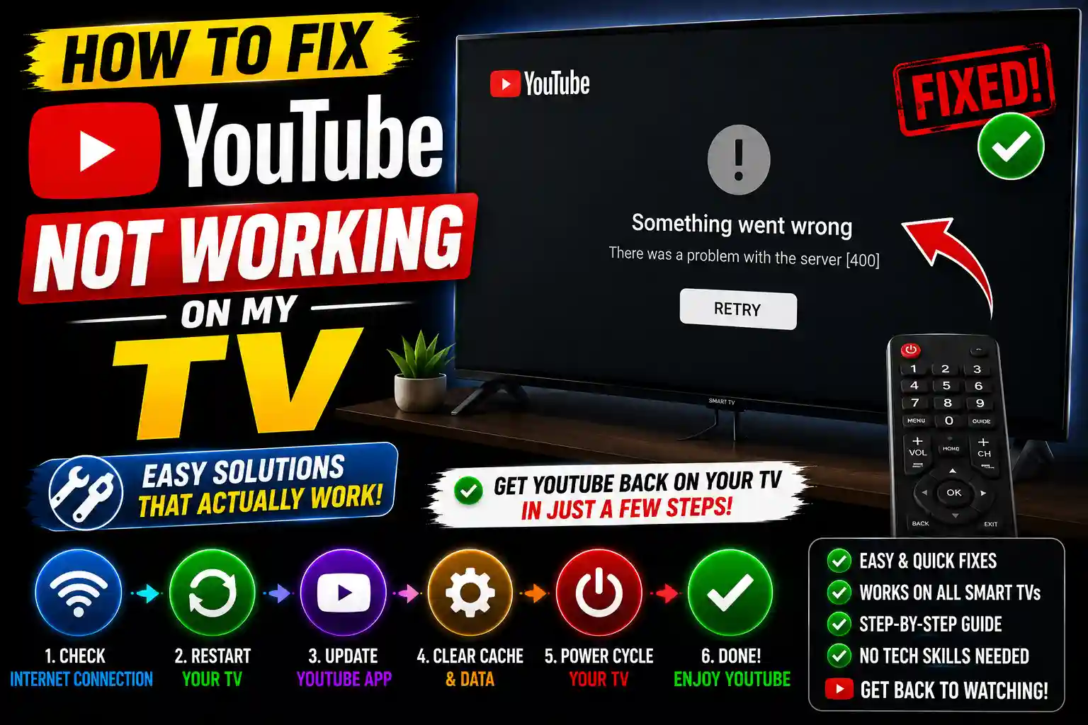 Person troubleshooting YouTube not working on a Smart TV by checking internet and app settings.