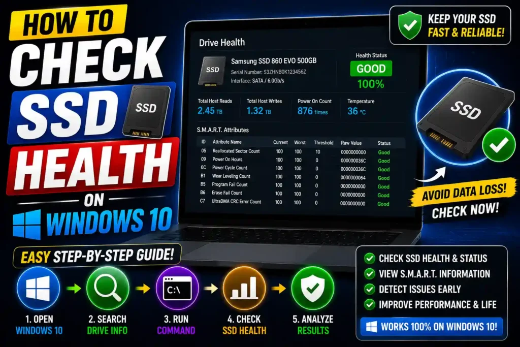 Windows 10 SSD health check using Command Prompt and Windows settings with SSD status indicator