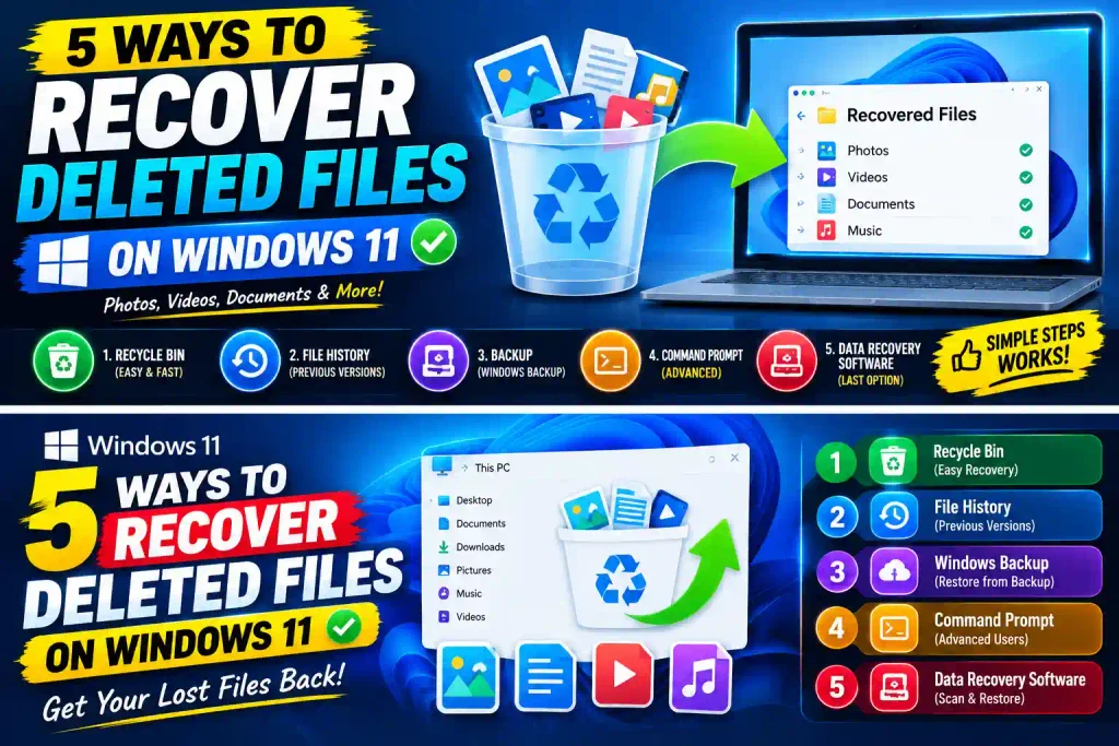 5 Ways to Recover Deleted Files on Windows 11 using Recycle Bin, File History, OneDrive, and recovery tools.