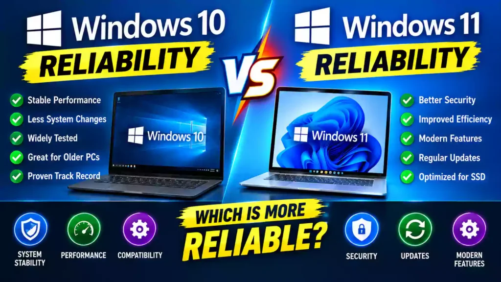 Windows 10 versus Windows 11 reliability comparison showing stability, security, updates, and hardware differences