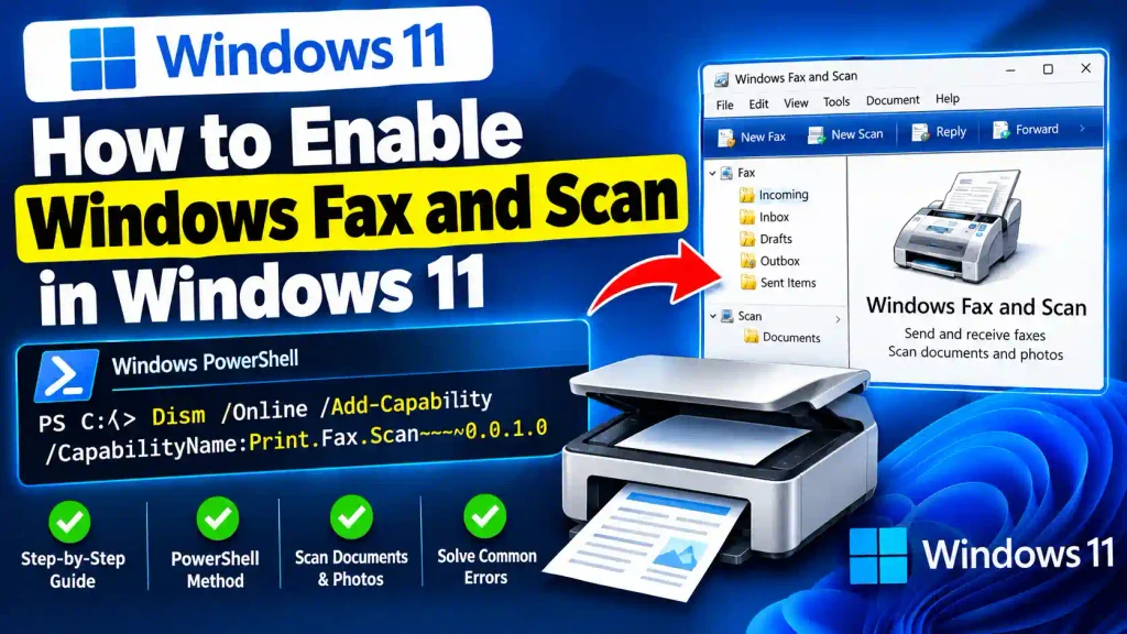 How to enable Windows Fax and Scan in Windows 11 using PowerShell and the DISM command.