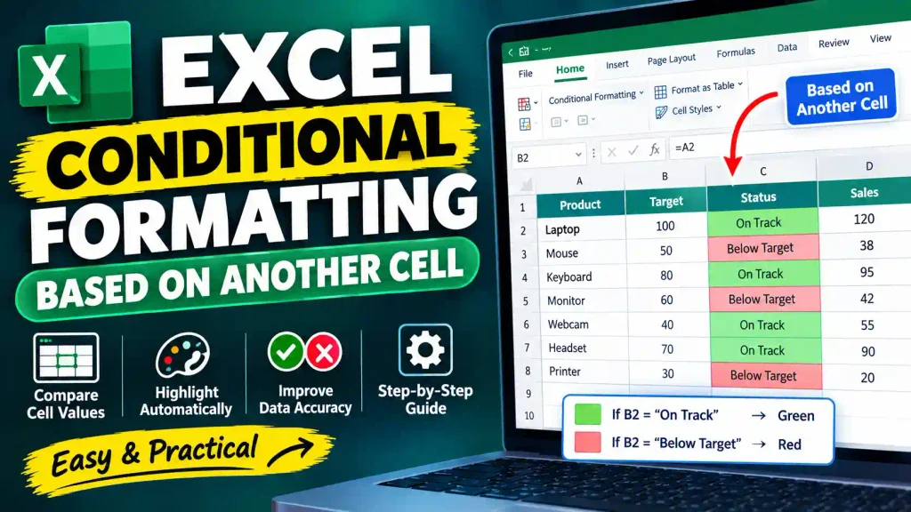 Excel conditional formatting based on another cell, showing a spreadsheet with automatically highlighted status cells and formula-based formatting.