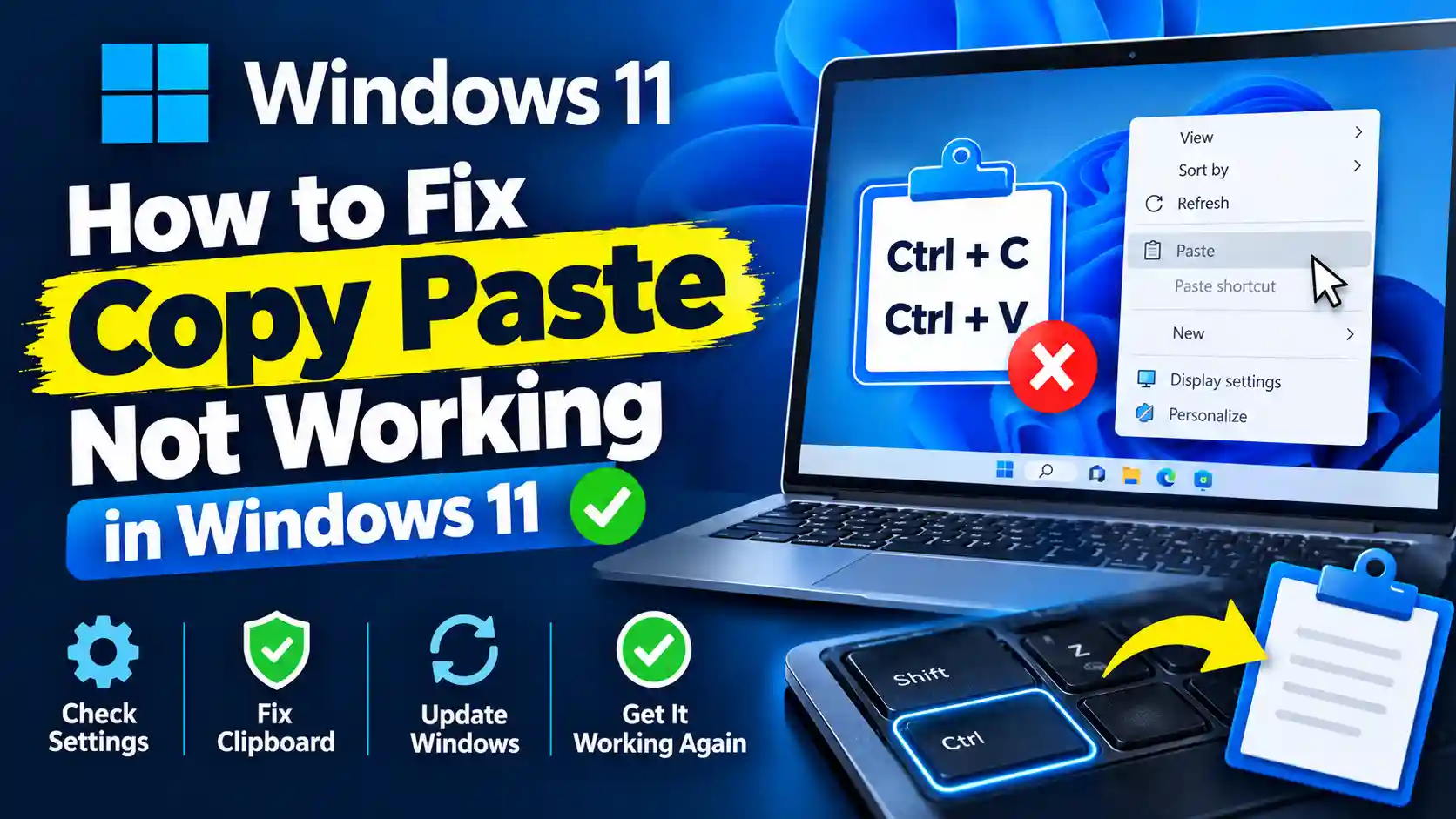 A Windows 11 laptop screen showing the clipboard history panel open next to a mouse cursor highlighting the copy and paste commands.