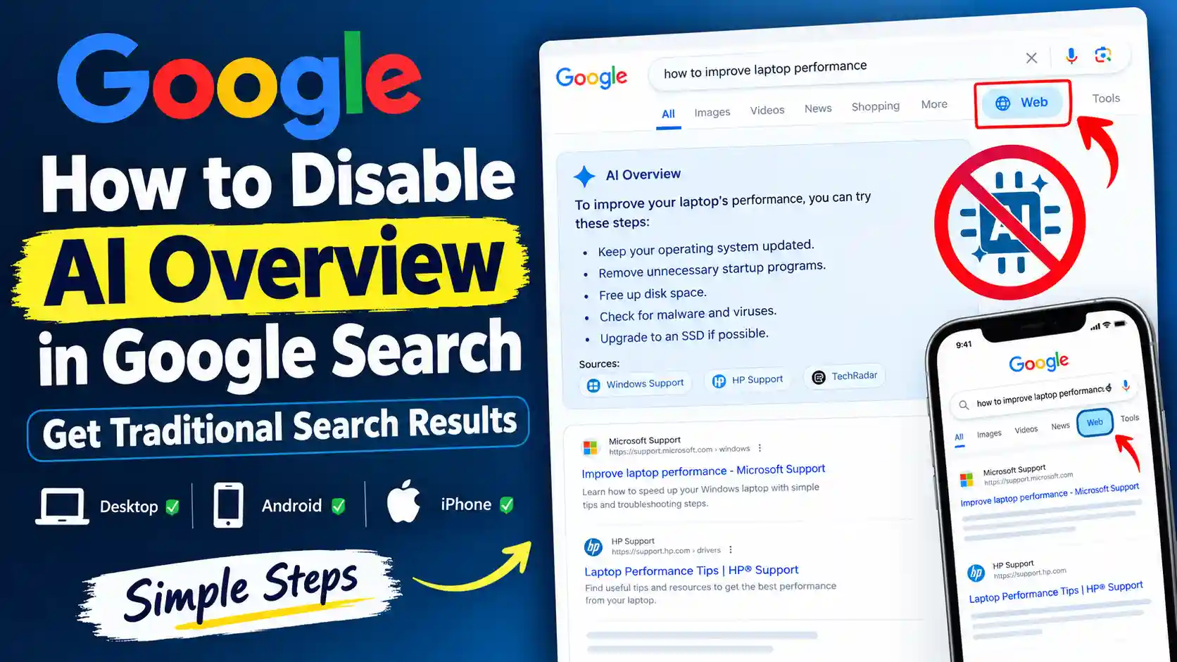 How to disable Google AI Overviews and return to traditional Google search results on desktop and mobile.