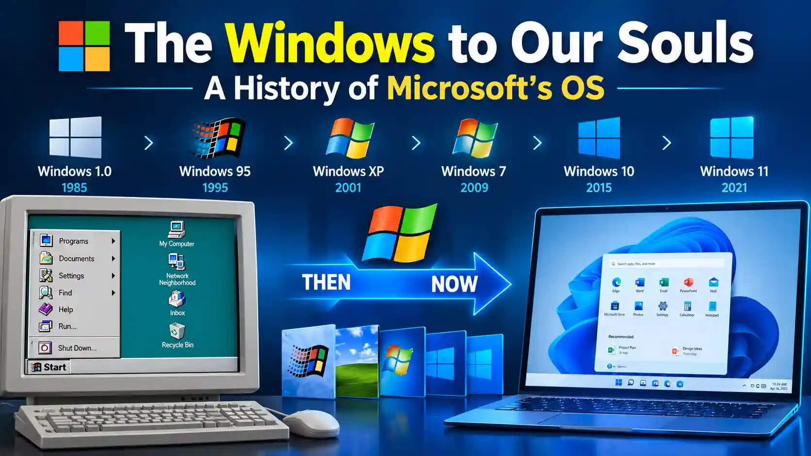 A timeline graphic showing the evolution of Microsoft Windows logos from 1985 to present day.