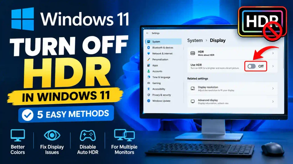 How to turn off HDR in Windows 11 using the Display settings and Use HDR toggle.